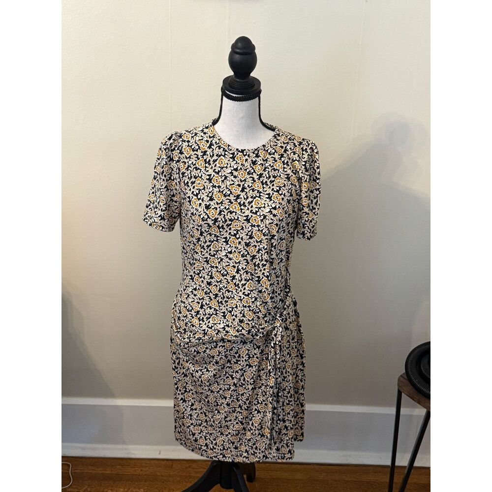Boden Floral Wrap-Style Short Sleeve Dress Cream Floral Black + Tan Size 8